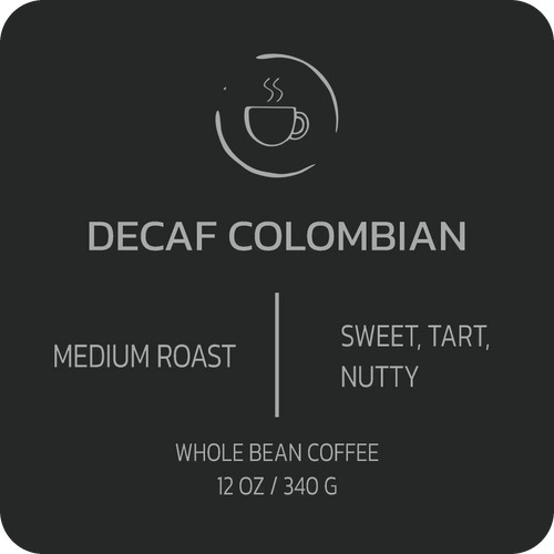 Decaf Colombian coffee bag from Stripling Coffee featuring a rich, roasted coffee bean design on the packaging.